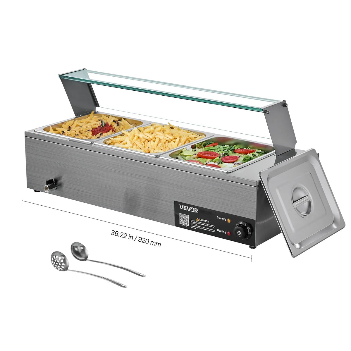 VEVOR Bain Marie sildītājs 1500 W ar 3 GN traukiem un stikla vāku, nerūsējošā tērauda