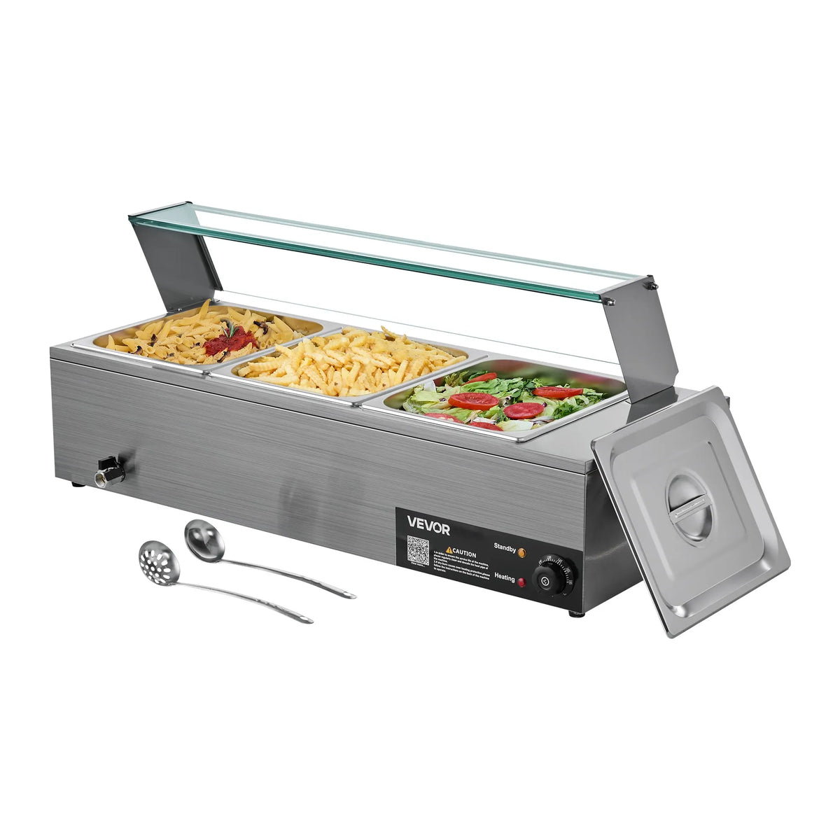 VEVOR Bain Marie sildītājs 1500 W ar 3 GN traukiem un stikla vāku, nerūsējošā tērauda