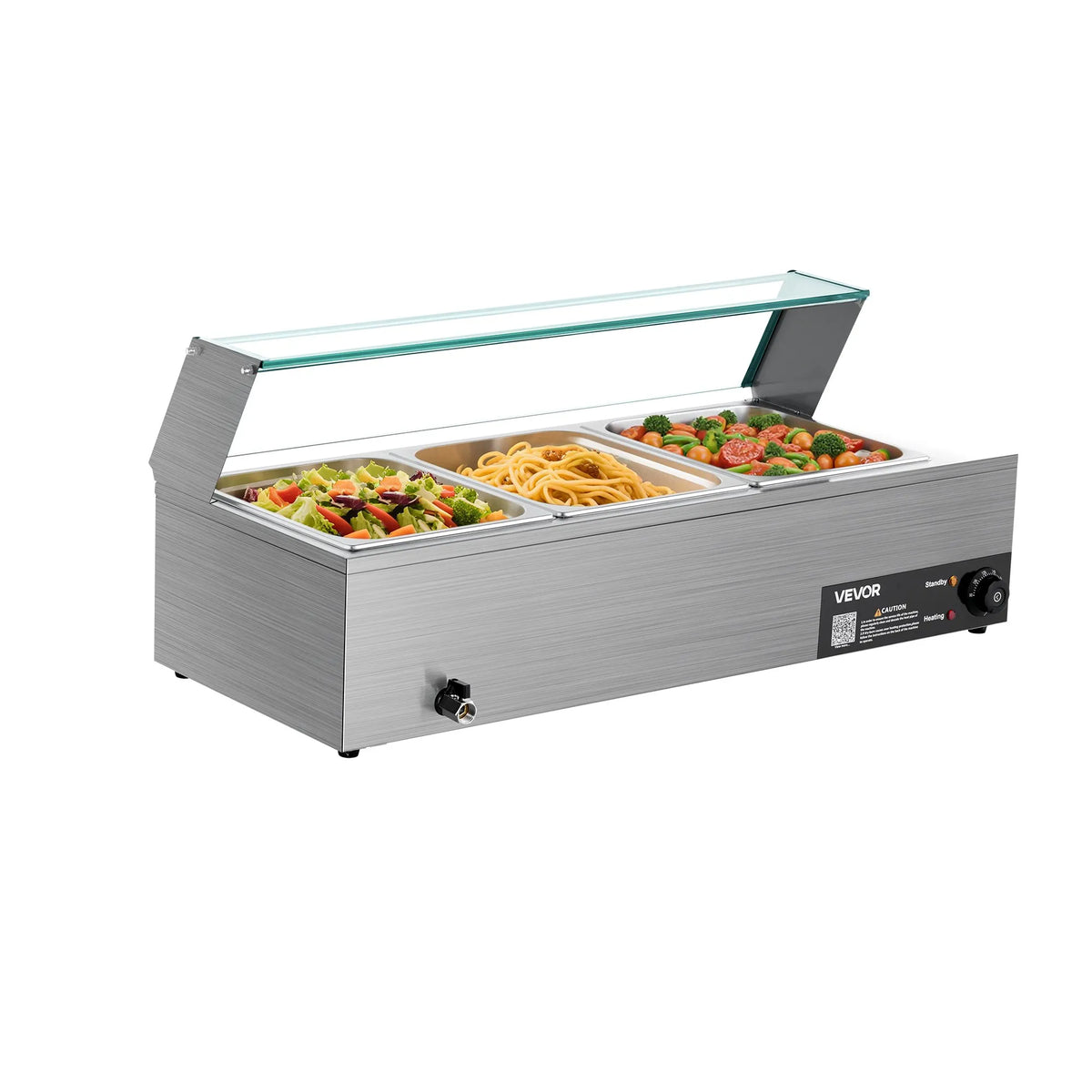 VEVOR Bain Marie sildītājs 1500 W ar 3 GN traukiem un stikla vāku, nerūsējošā tērauda