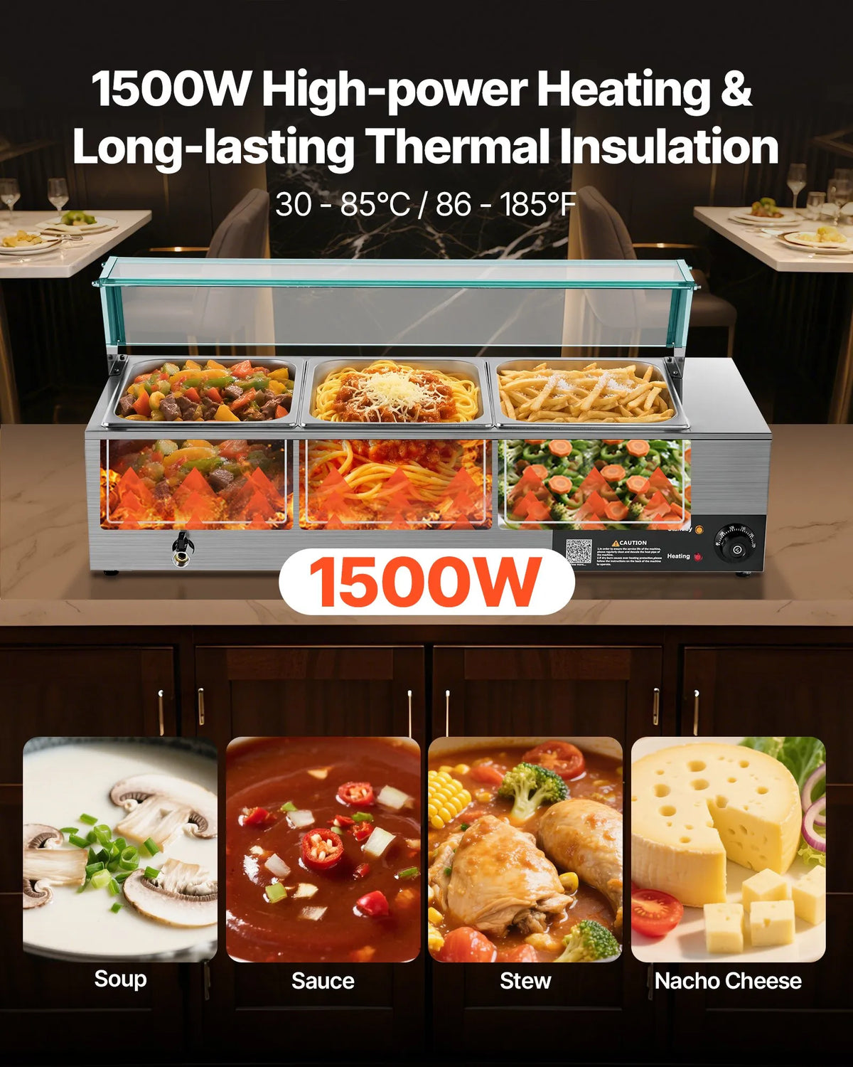 VEVOR Bain Marie sildītājs 1500 W ar 3 GN traukiem un stikla vāku, nerūsējošā tērauda