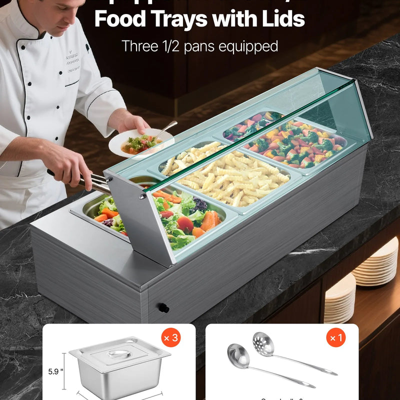 Pārtikas sildītājs, 1500 W elektriskais nerūsējošā tērauda tvaika sildītājs ar stikla vāku un 3 traukiem