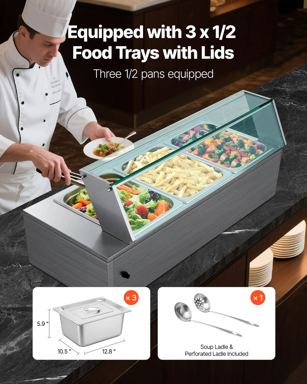 VEVOR Bain Marie sildītājs 1500 W ar 3 GN traukiem un stikla vāku, nerūsējošā tērauda