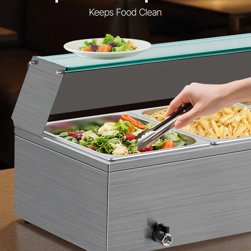 Pārtikas sildītājs, 1500 W elektriskais nerūsējošā tērauda tvaika sildītājs ar stikla vāku un 3 traukiem