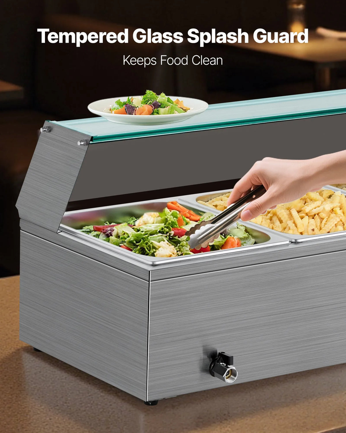VEVOR Bain Marie sildītājs 1500 W ar 3 GN traukiem un stikla vāku, nerūsējošā tērauda