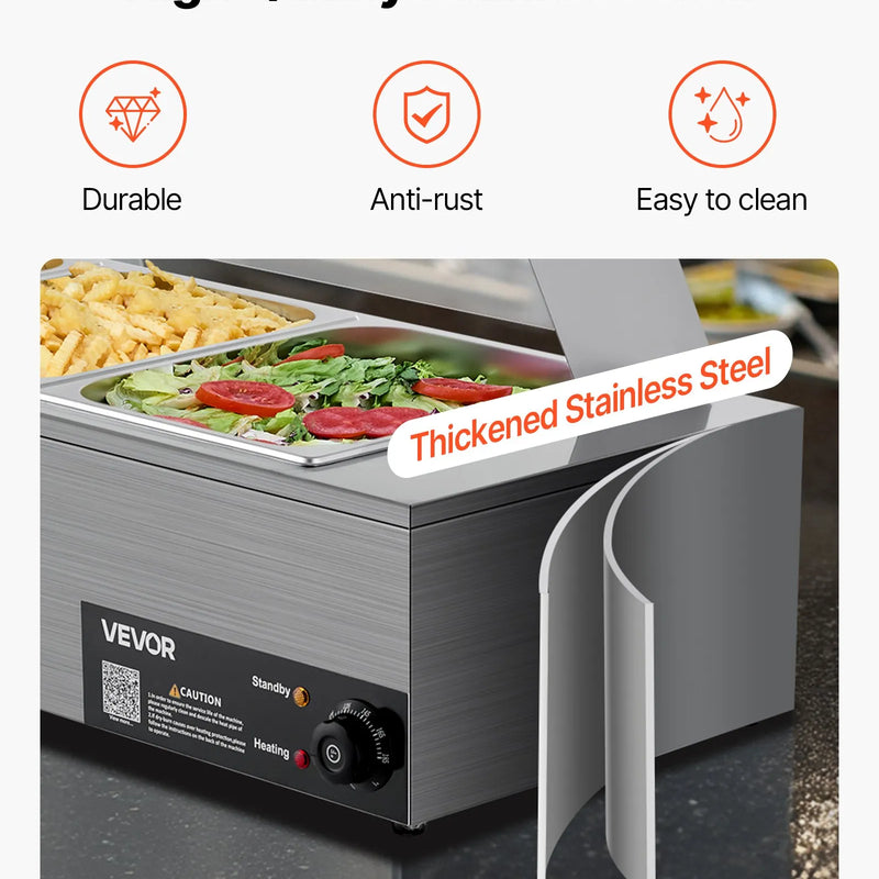 Pārtikas sildītājs, 1500 W elektriskais nerūsējošā tērauda tvaika sildītājs ar stikla vāku un 3 traukiem