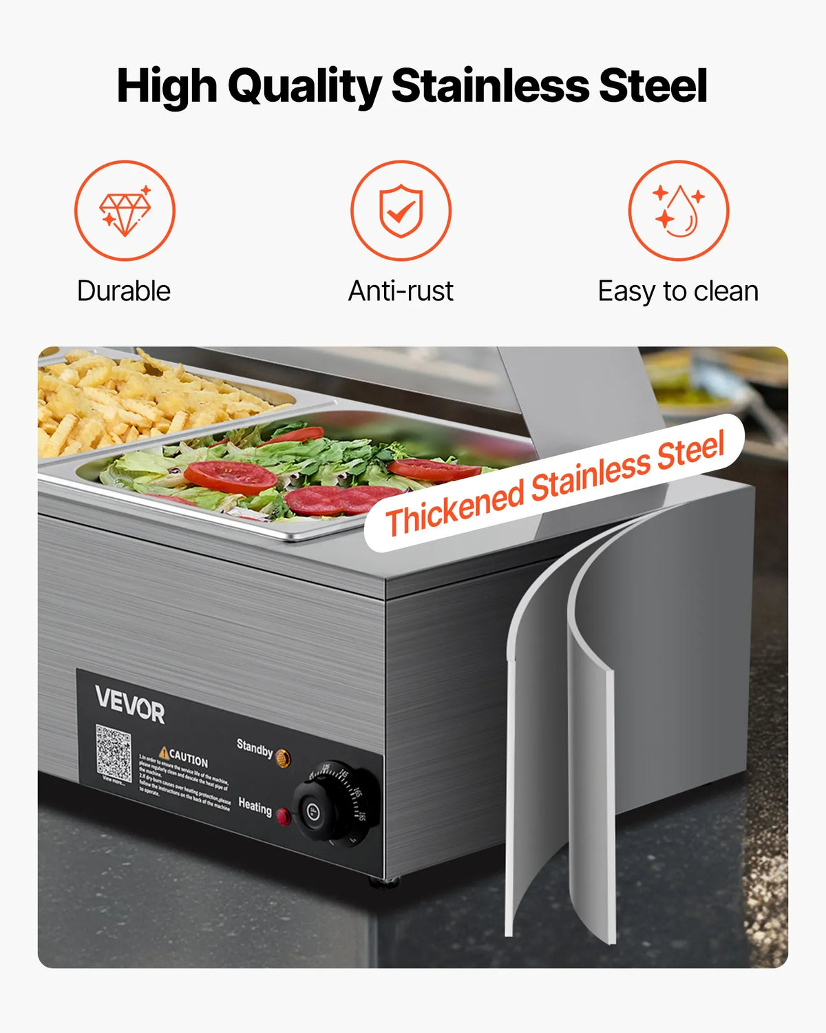 VEVOR Bain Marie sildītājs 1500 W ar 3 GN traukiem un stikla vāku, nerūsējošā tērauda