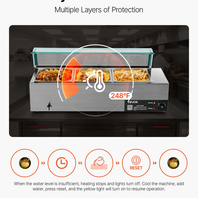 Pārtikas sildītājs, 1500 W elektriskais nerūsējošā tērauda tvaika sildītājs ar stikla vāku un 3 traukiem