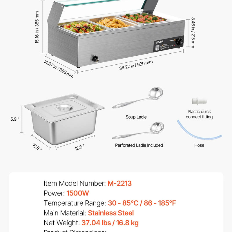 Pārtikas sildītājs, 1500 W elektriskais nerūsējošā tērauda tvaika sildītājs ar stikla vāku un 3 traukiem