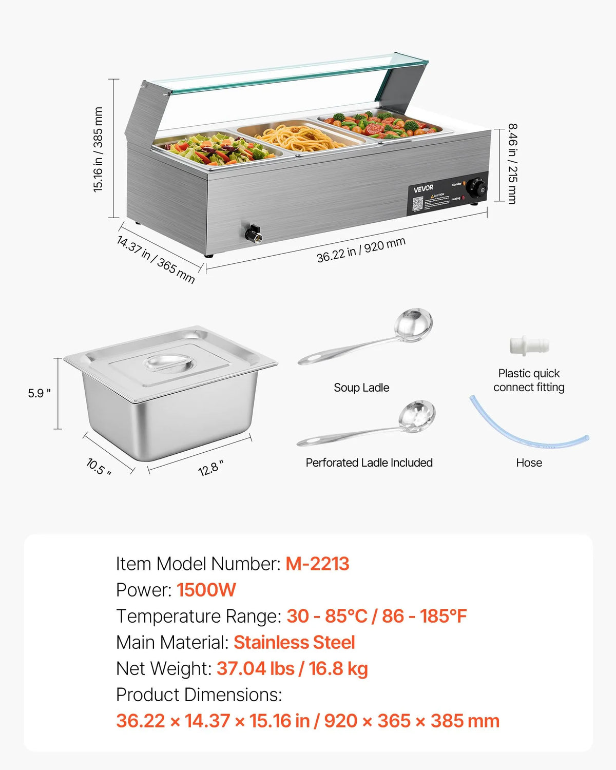 VEVOR Bain Marie sildītājs 1500 W ar 3 GN traukiem un stikla vāku, nerūsējošā tērauda