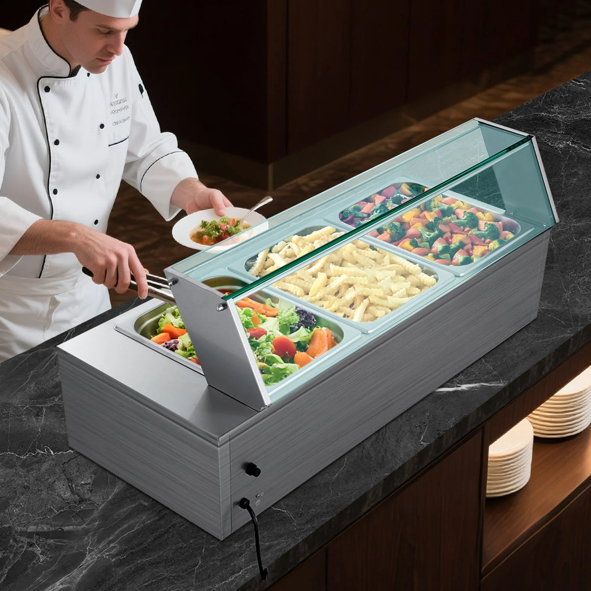 VEVOR Bain Marie sildītājs 1500 W ar 3 GN traukiem un stikla vāku, nerūsējošā tērauda