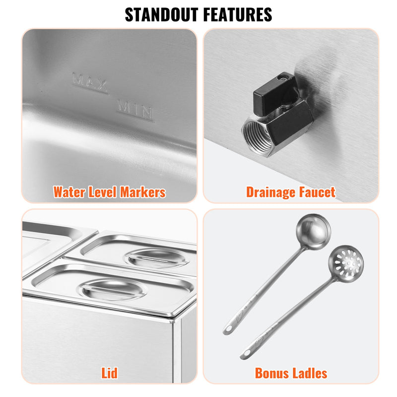 VEVOR Komerciālais Elektriskais Ēdienu Sildītājs – 3 Pannu Bufetes Sildītājs, 16L sildtrauks ar ūdens peldi