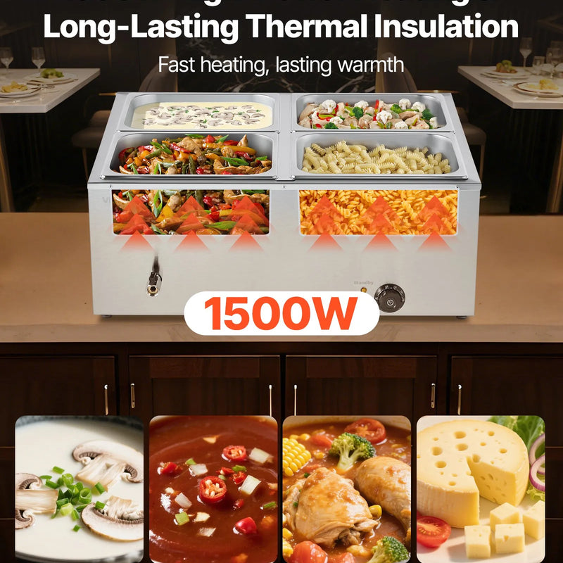 Pārtikas sildītājs, 1500 W nerūsējošais tērauds, ar vāku un 4 traukiem