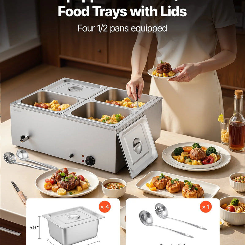 Pārtikas sildītājs, 1500 W nerūsējošais tērauds, ar vāku un 4 traukiem