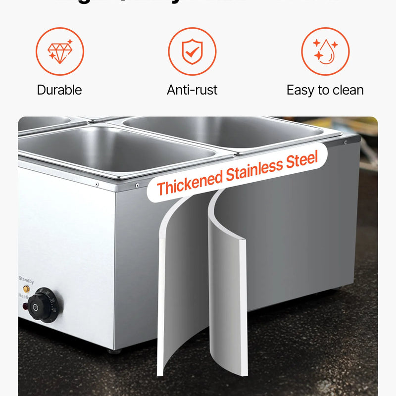 Pārtikas sildītājs, 1500 W nerūsējošais tērauds, ar vāku un 4 traukiem