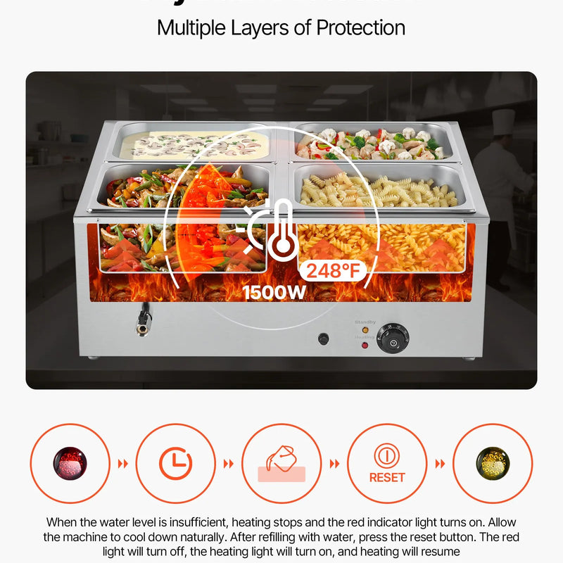 Pārtikas sildītājs, 1500 W nerūsējošais tērauds, ar vāku un 4 traukiem