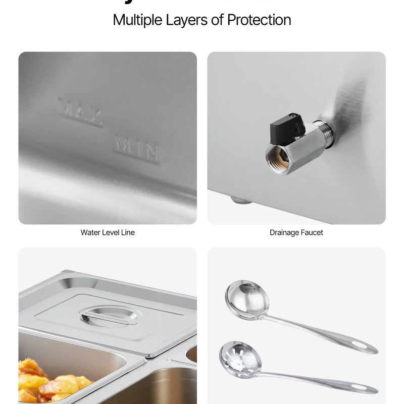 Pārtikas sildītājs, 1500 W nerūsējošais tērauds, ar vāku un 4 traukiem