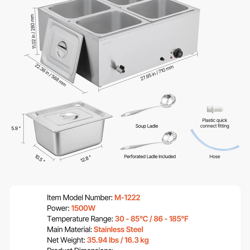 Pārtikas sildītājs, 1500 W nerūsējošais tērauds, ar vāku un 4 traukiem