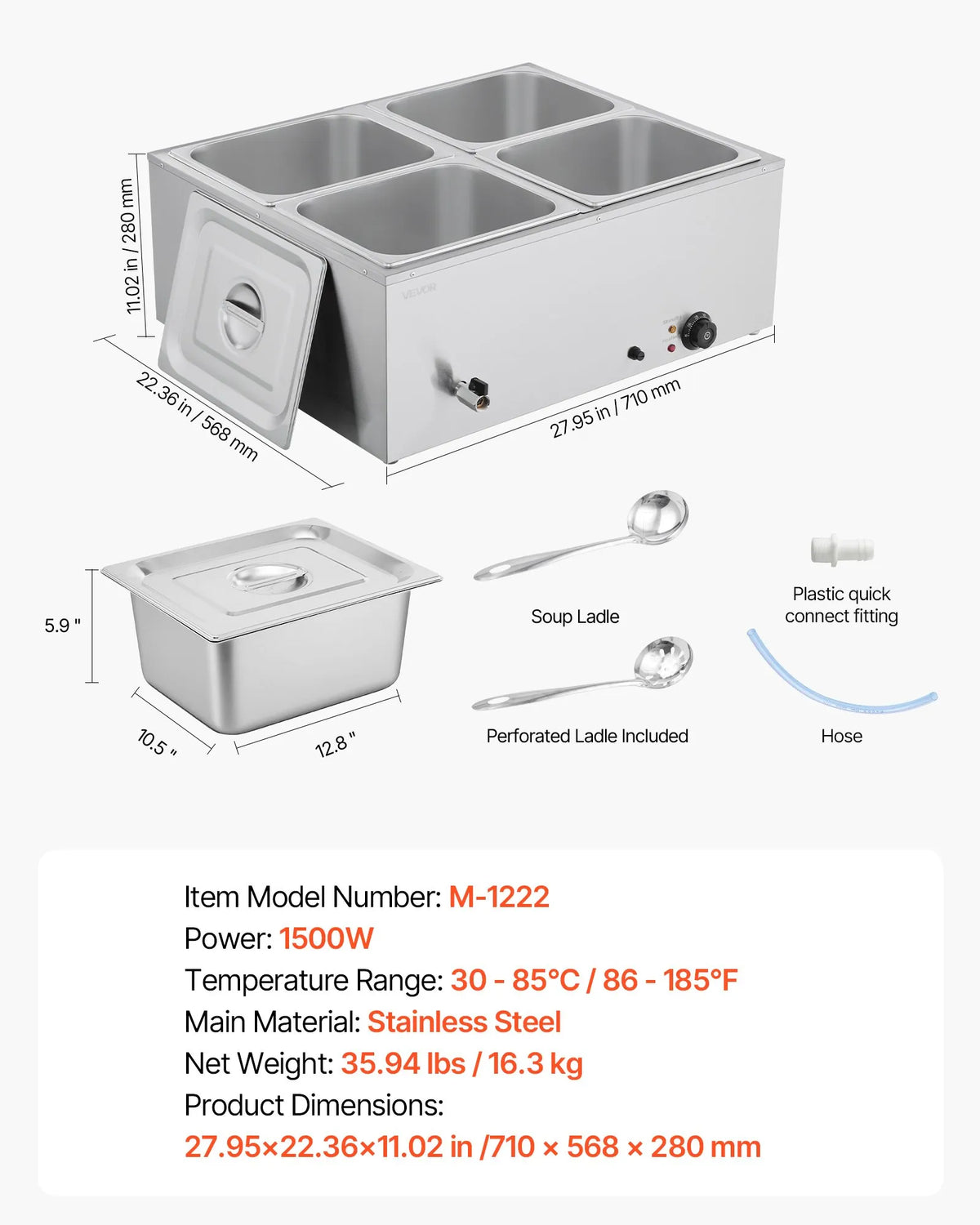 VEVOR Bain Marie Warmer 1500 W with 4 GN Containers and Lid, Stainless Steel