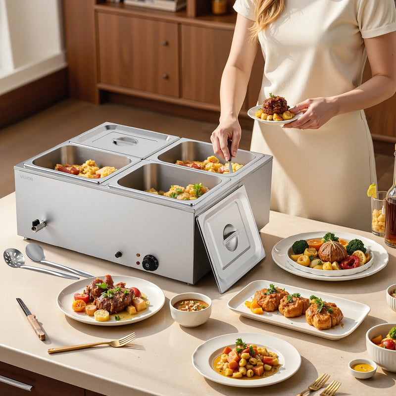 Pārtikas sildītājs, 1500 W nerūsējošais tērauds, ar vāku un 4 traukiem