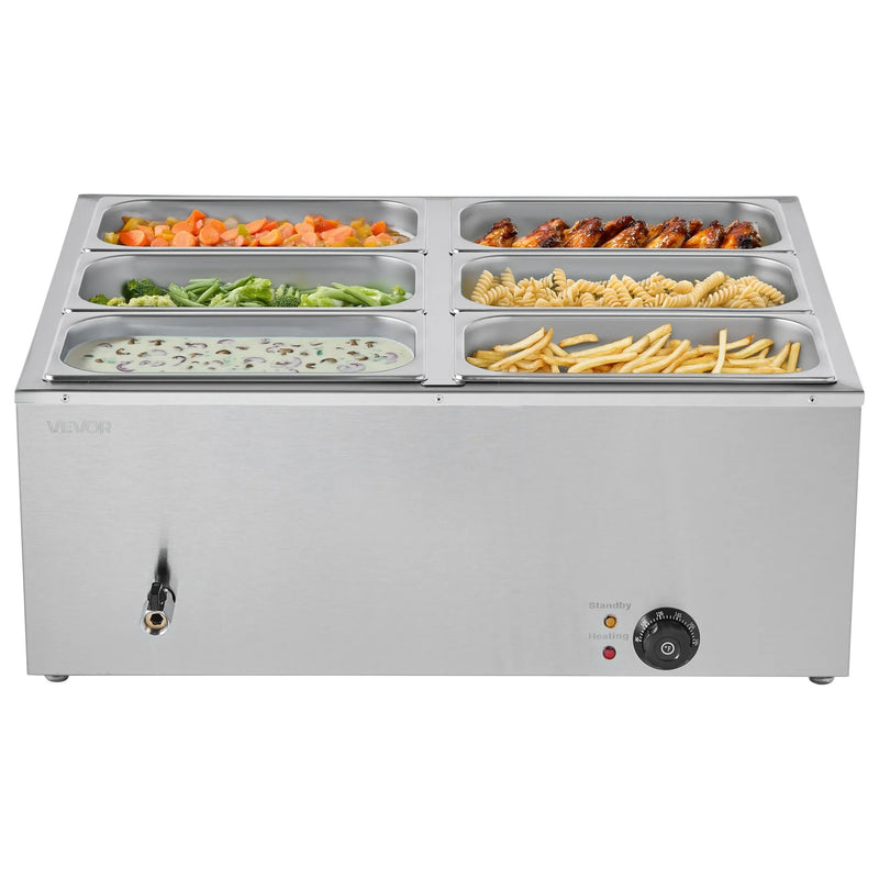 Pārtikas sildītājs, 1500 W nerūsējošais tērauds, ar vāku un 6 traukiem