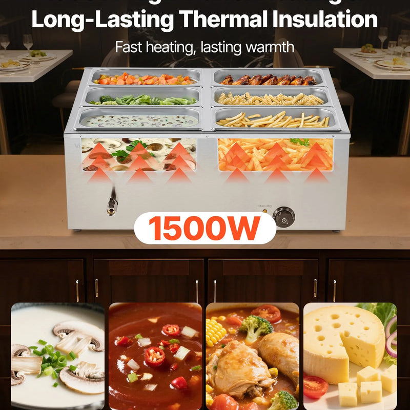 Pārtikas sildītājs, 1500 W nerūsējošais tērauds, ar vāku un 6 traukiem