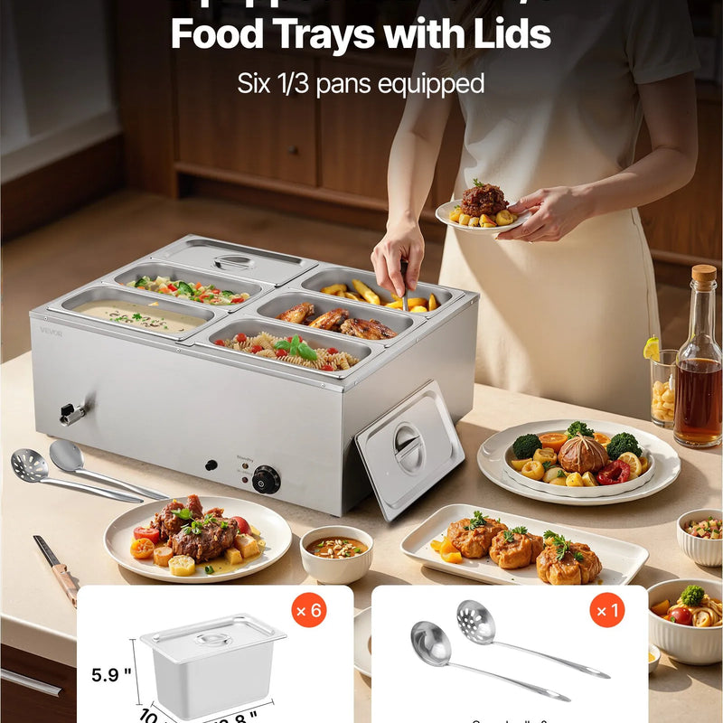 Pārtikas sildītājs, 1500 W nerūsējošais tērauds, ar vāku un 6 traukiem