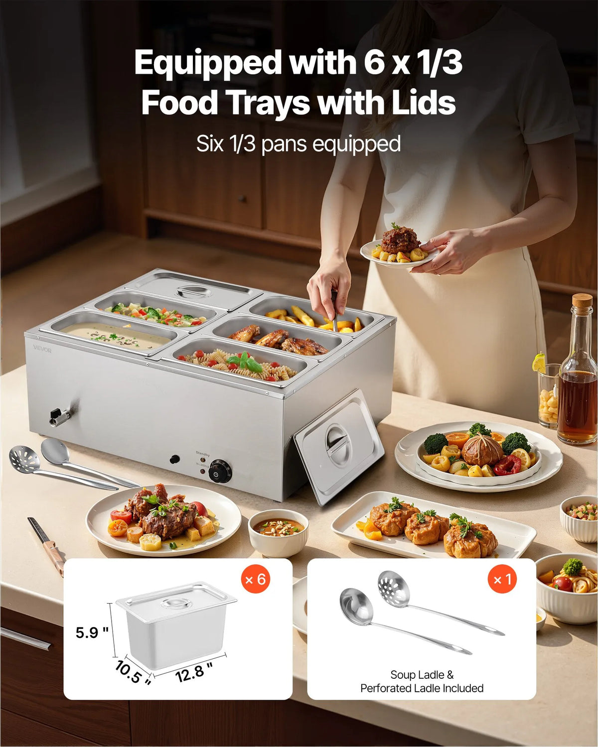 VEVOR Bain Marie Warmer 1500 W with 6 GN Containers and Lid, Stainless Steel