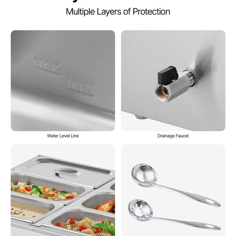 Pārtikas sildītājs, 1500 W nerūsējošais tērauds, ar vāku un 6 traukiem