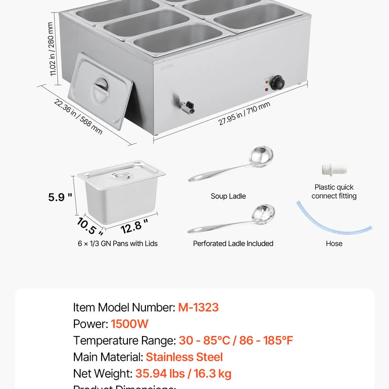 Pārtikas sildītājs, 1500 W nerūsējošais tērauds, ar vāku un 6 traukiem