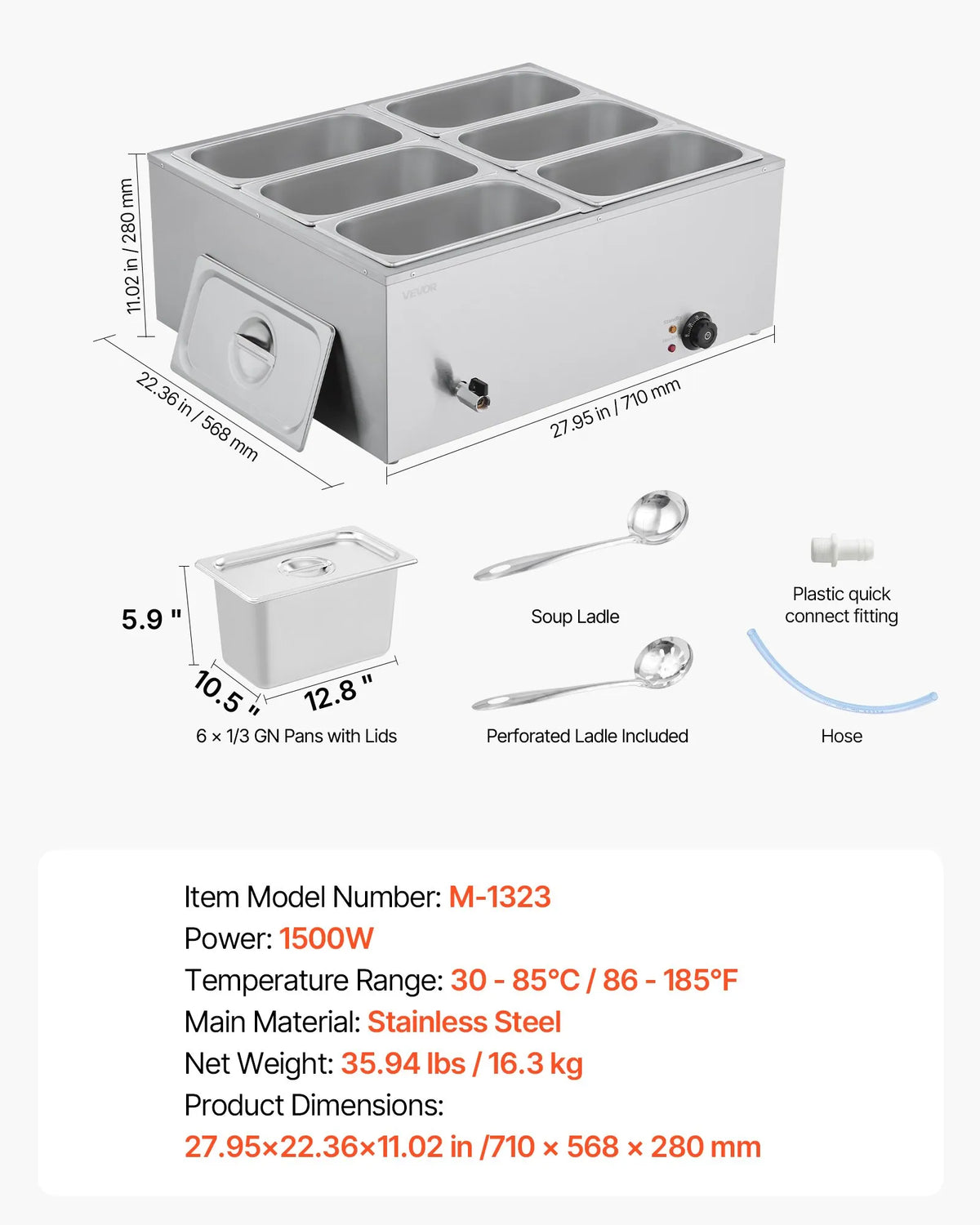 VEVOR Bain Marie Warmer 1500 W with 6 GN Containers and Lid, Stainless Steel