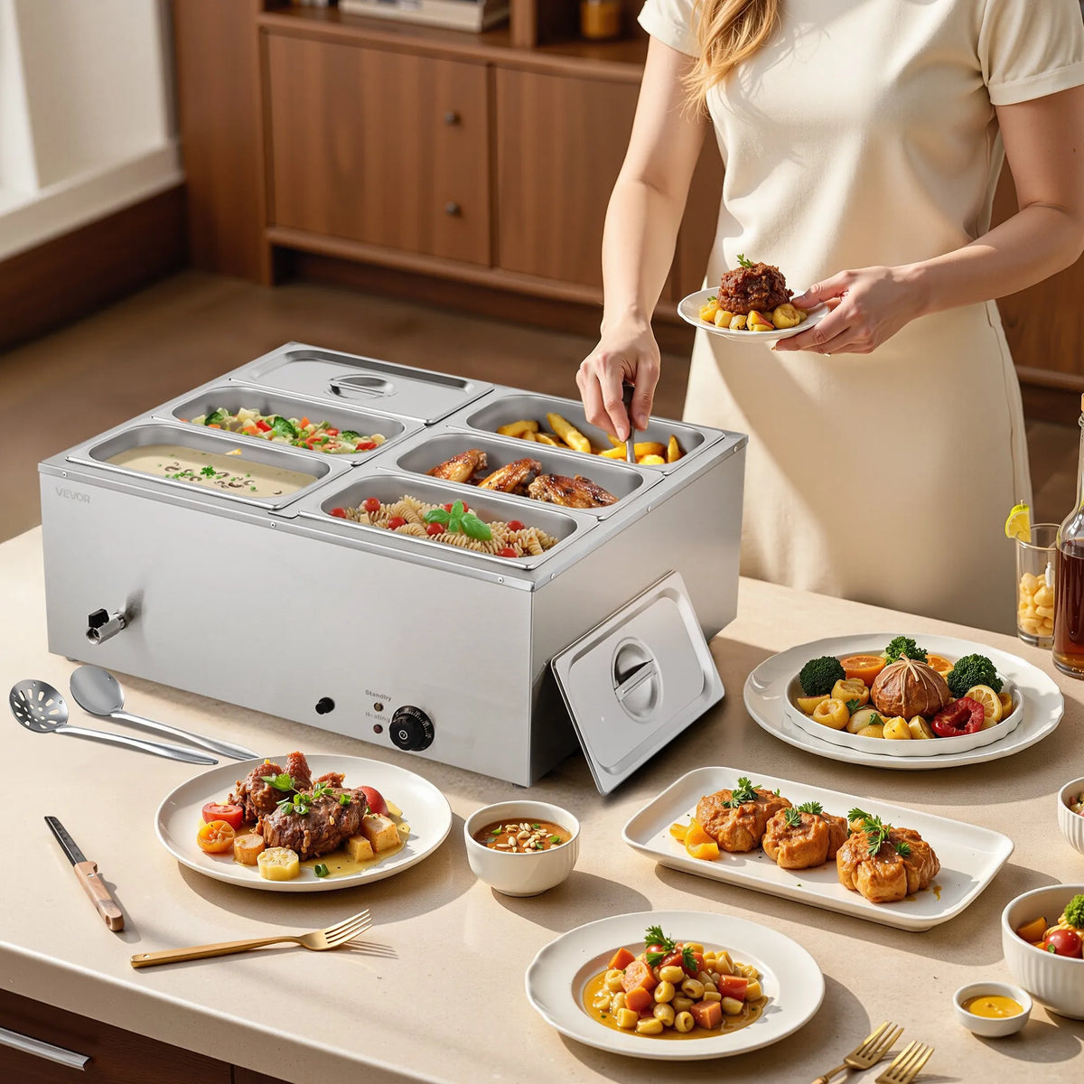 VEVOR Bain Marie Warmer 1500 W with 6 GN Containers and Lid, Stainless Steel