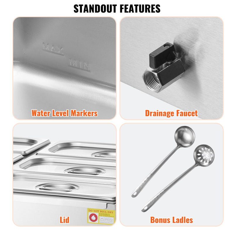 VEVOR komerciālais elektriskais ēdienu sildītājs, galda bufete, 6 x 4,7 L trauki