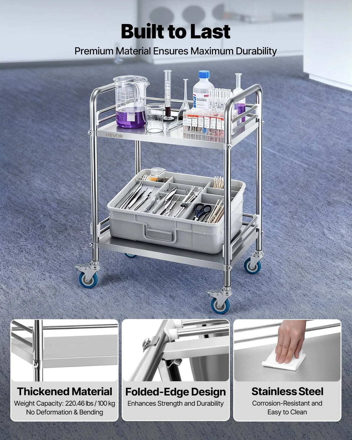 VEVOR Stainless Steel Service Trolley 2 Tiers with Trays and Locking Wheels for Restaurants and Salons