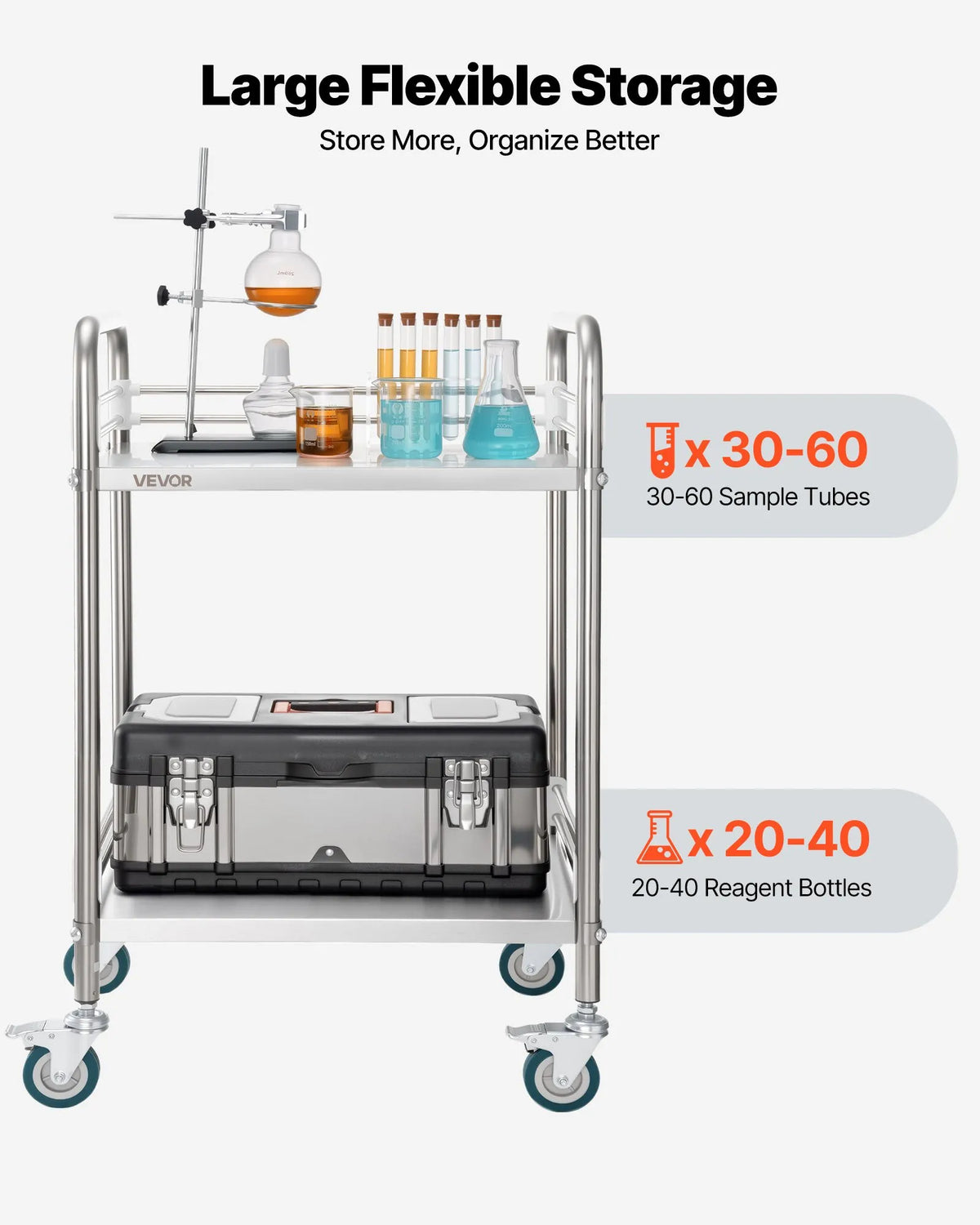 VEVOR Stainless Steel Service Trolley 2 Tiers with Trays and Locking Wheels for Restaurants and Salons
