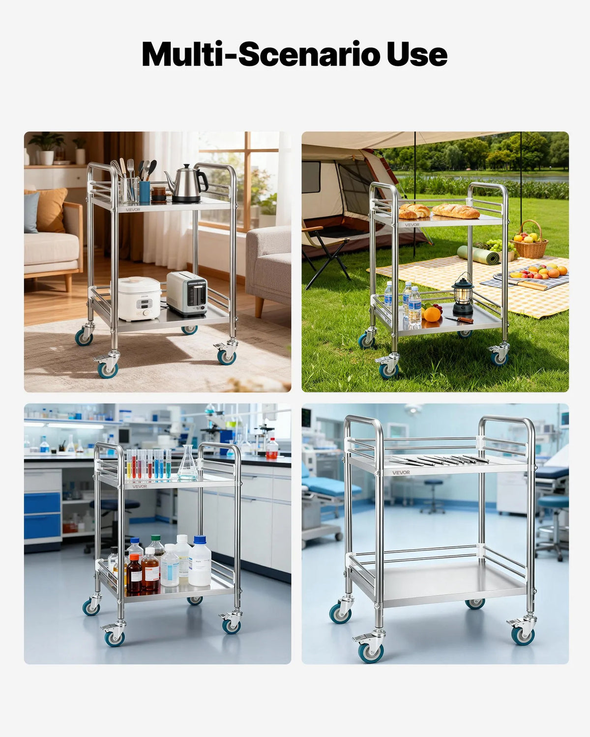 VEVOR Stainless Steel Service Trolley 2 Tiers with Trays and Locking Wheels for Restaurants and Salons
