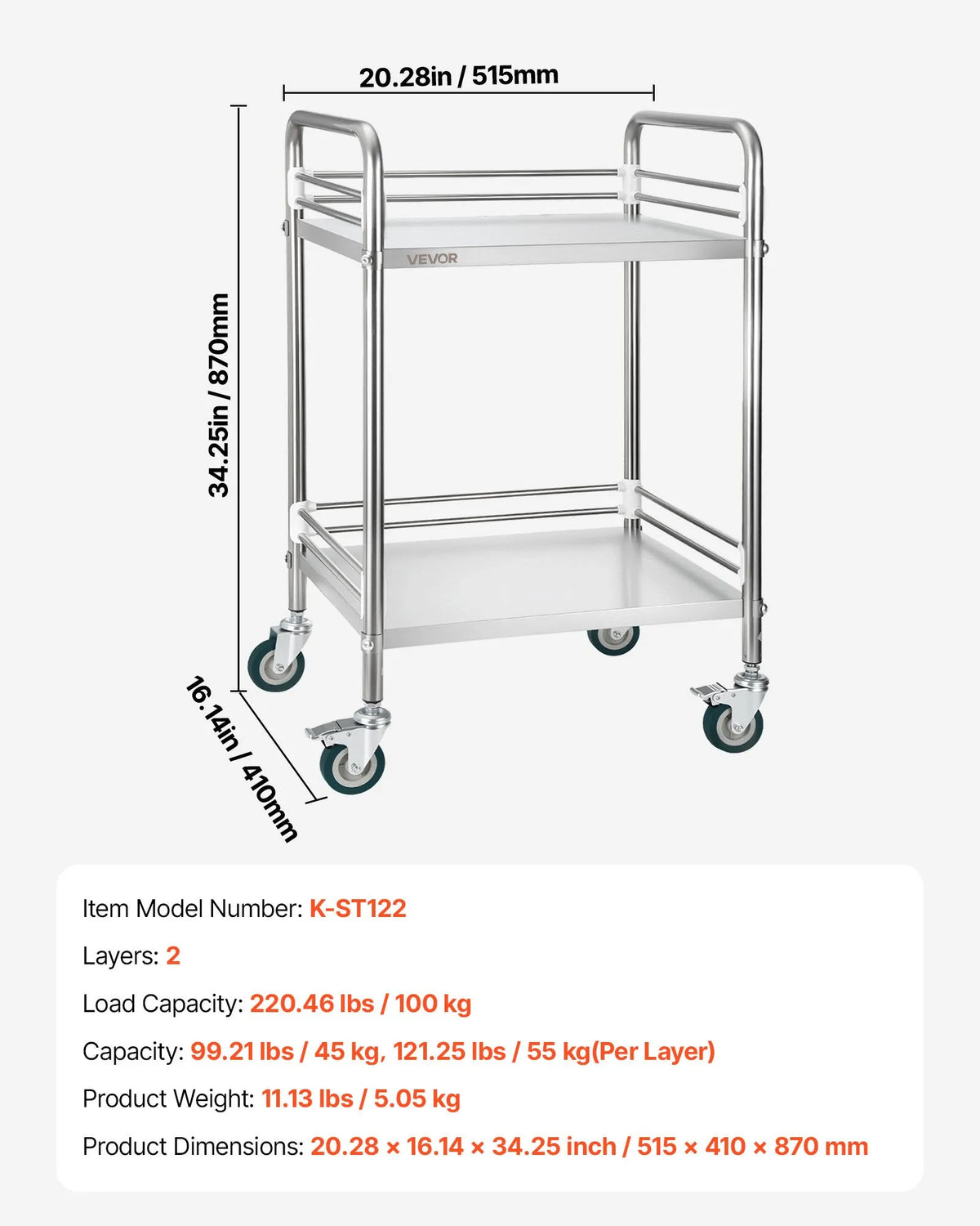 VEVOR Stainless Steel Service Trolley 2 Tiers with Trays and Locking Wheels for Restaurants and Salons