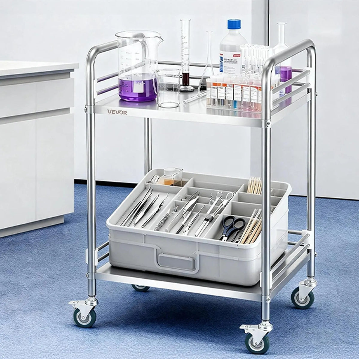 VEVOR Stainless Steel Service Trolley 2 Tiers with Trays and Locking Wheels for Restaurants and Salons