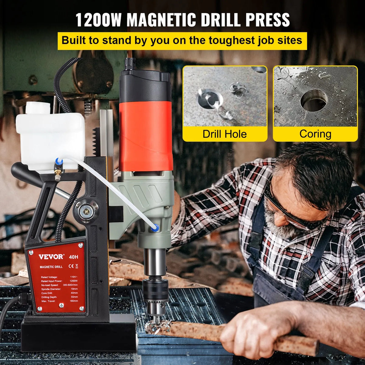 VEVOR Magnetic Drill Press, 1200 W, Ø40 mm Drilling Diameter, 13000 N Magnetic Holding Force, Portable Electric Drill with Variable Speed, 580 RPM, Suitable for Any Metal Surface and Home Improvement Work, CE Certified