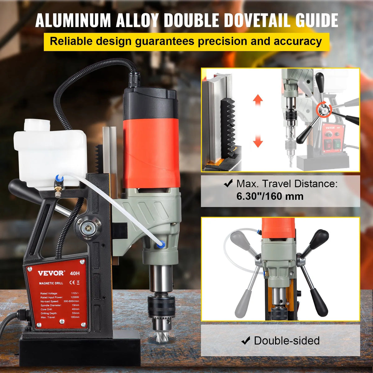VEVOR Magnetic Drill Press, 1200 W, Ø40 mm Drilling Diameter, 13000 N Magnetic Holding Force, Portable Electric Drill with Variable Speed, 580 RPM, Suitable for Any Metal Surface and Home Improvement Work, CE Certified