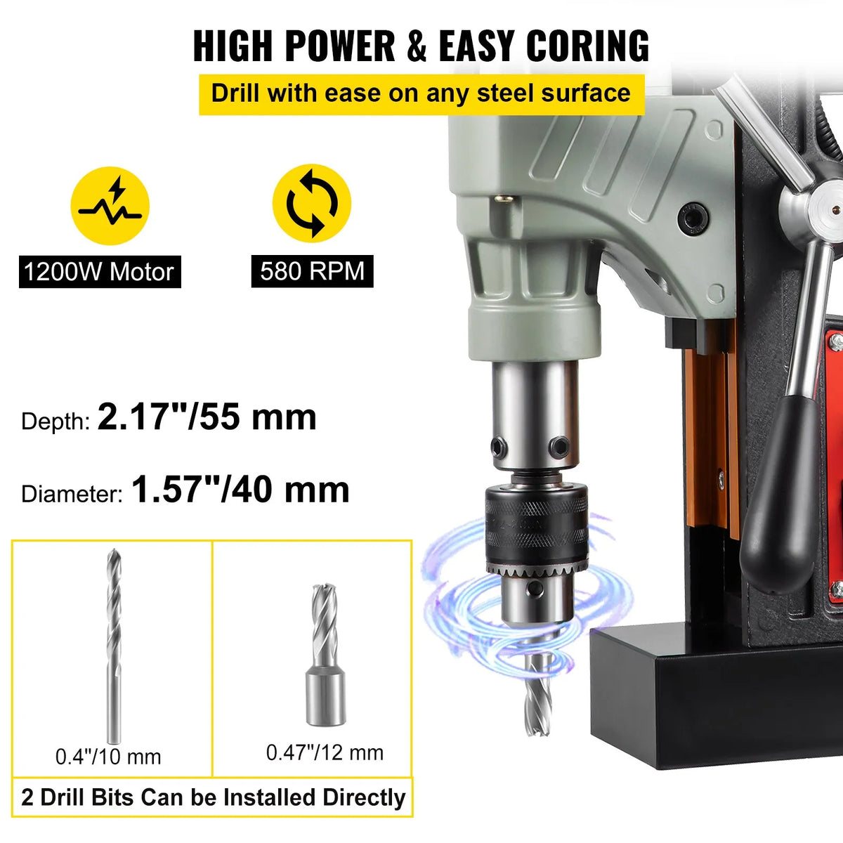 VEVOR Magnetic Drill Press, 1200 W, Ø40 mm Drilling Diameter, 13000 N Magnetic Holding Force, Portable Electric Drill with Variable Speed, 580 RPM, Suitable for Any Metal Surface and Home Improvement Work, CE Certified