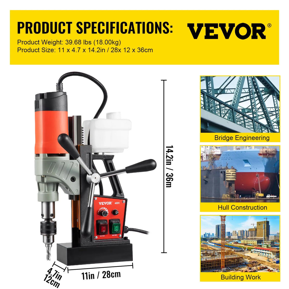 VEVOR Magnetic Drill Press, 1200 W, Ø40 mm Drilling Diameter, 13000 N Magnetic Holding Force, Portable Electric Drill with Variable Speed, 580 RPM, Suitable for Any Metal Surface and Home Improvement Work, CE Certified