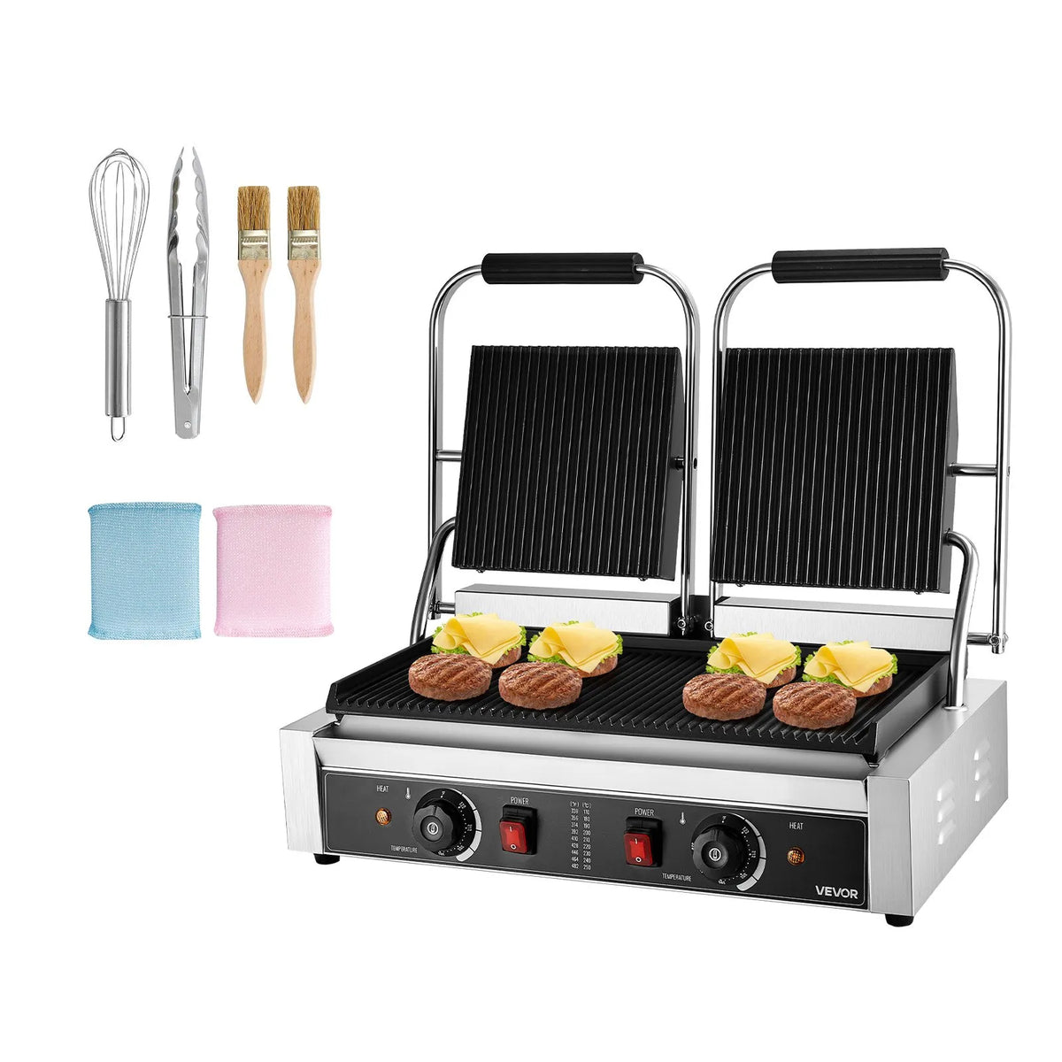 VEVOR Commercial Panini Grill 3600 W, Dual Press, 48 × 23 cm Grooved Plate