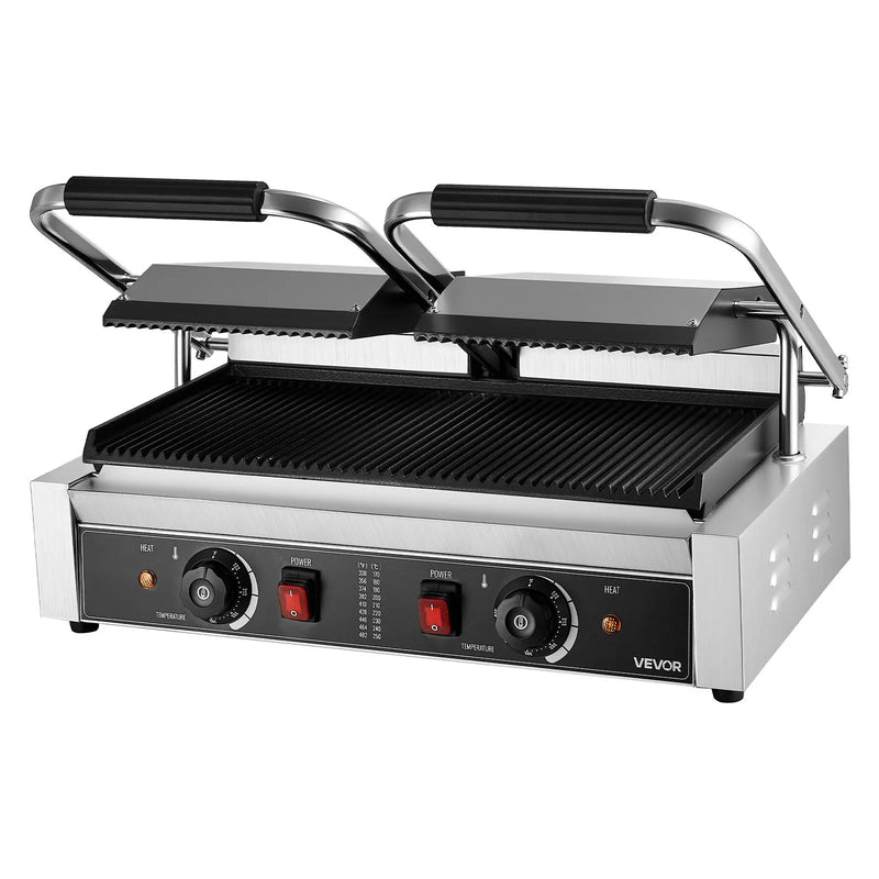 Komerciālais panini grils, 3600 W elektriskā sviestmaižu panna, nerūsējošā tērauda dubultā sviestmaižu prese, temperatūras regulēšana, 48 × 23 cm pilnībā rievota emaljas plate, piemērots hamburgeriem, steikam un bekonam