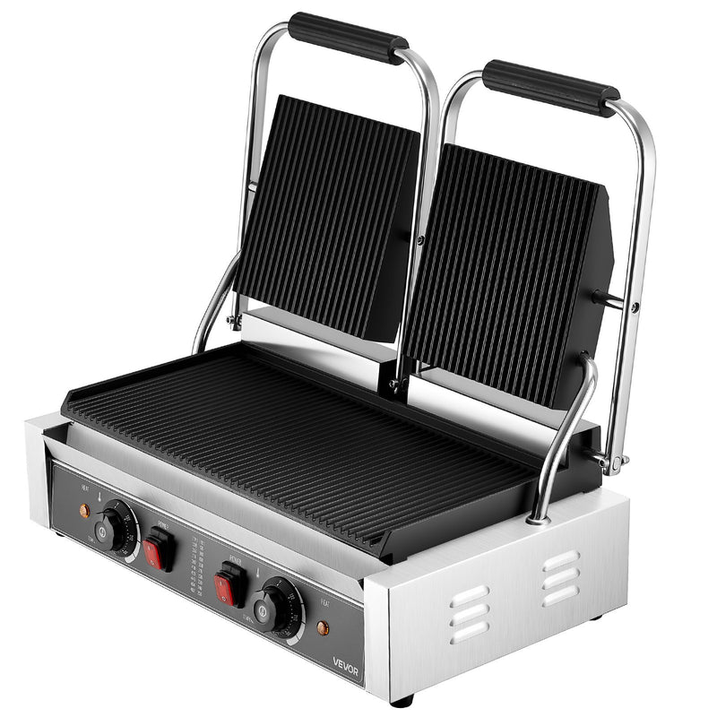 Komerciālais panini grils, 3600 W elektriskā sviestmaižu panna, nerūsējošā tērauda dubultā sviestmaižu prese, temperatūras regulēšana, 48 × 23 cm pilnībā rievota emaljas plate, piemērots hamburgeriem, steikam un bekonam