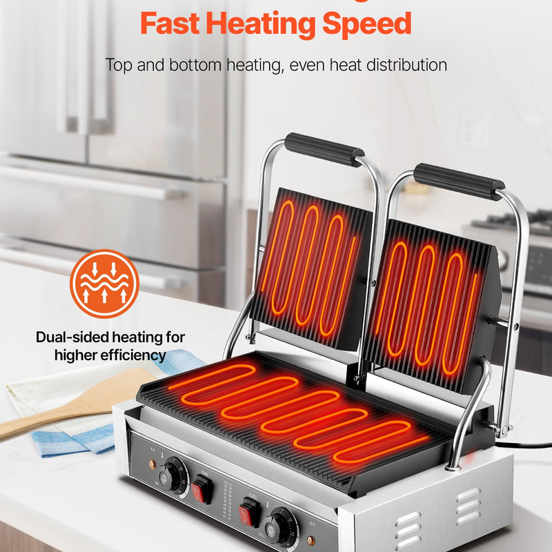 Komerciālais panini grils, 3600 W elektriskā sviestmaižu panna, nerūsējošā tērauda dubultā sviestmaižu prese, temperatūras regulēšana, 48 × 23 cm pilnībā rievota emaljas plate, piemērots hamburgeriem, steikam un bekonam