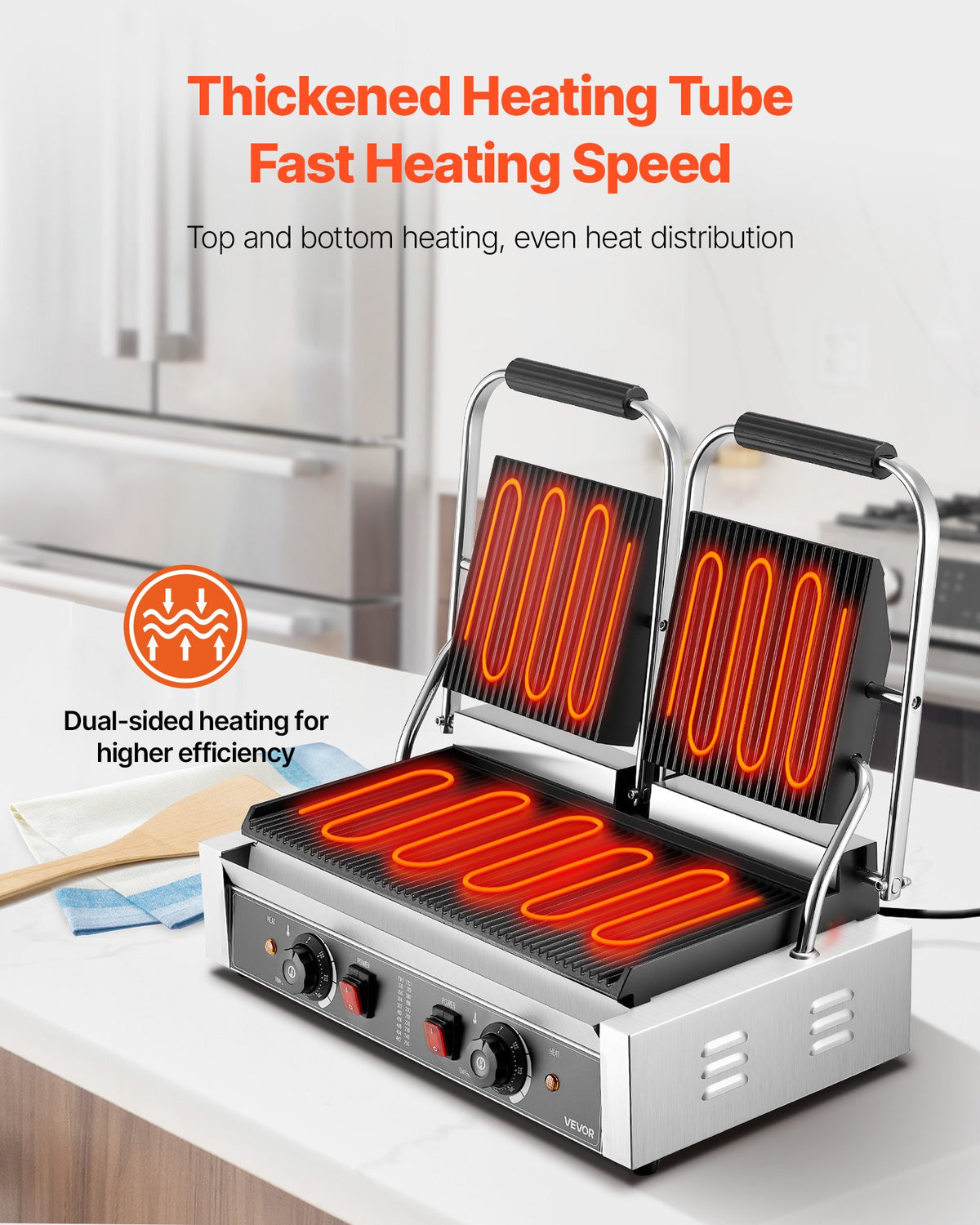 VEVOR Commercial Panini Grill 3600 W, Dual Press, 48 × 23 cm Grooved Plate