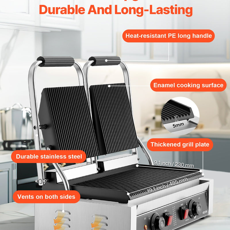 Komerciālais panini grils, 3600 W elektriskā sviestmaižu panna, nerūsējošā tērauda dubultā sviestmaižu prese, temperatūras regulēšana, 48 × 23 cm pilnībā rievota emaljas plate, piemērots hamburgeriem, steikam un bekonam