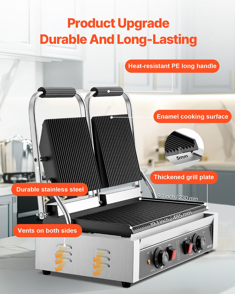 Komerciālais panini grils, 3600 W elektriskā sviestmaižu panna, nerūsējošā tērauda dubultā sviestmaižu prese, temperatūras regulēšana, 48 × 23 cm pilnībā rievota emaljas plate, piemērots hamburgeriem, steikam un bekonam