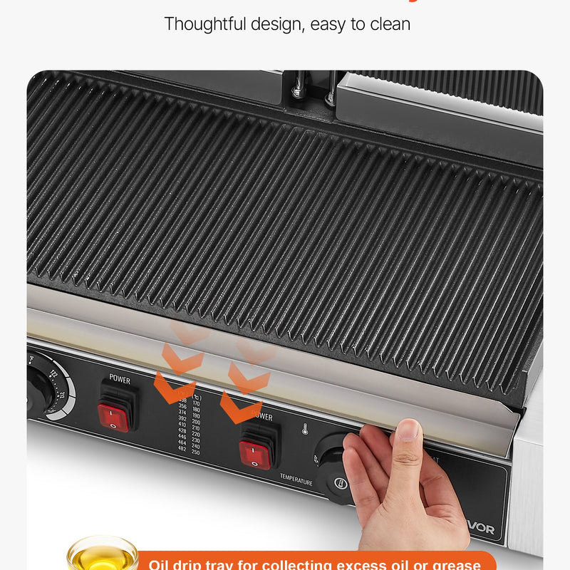 Komerciālais panini grils, 3600 W elektriskā sviestmaižu panna, nerūsējošā tērauda dubultā sviestmaižu prese, temperatūras regulēšana, 48 × 23 cm pilnībā rievota emaljas plate, piemērots hamburgeriem, steikam un bekonam