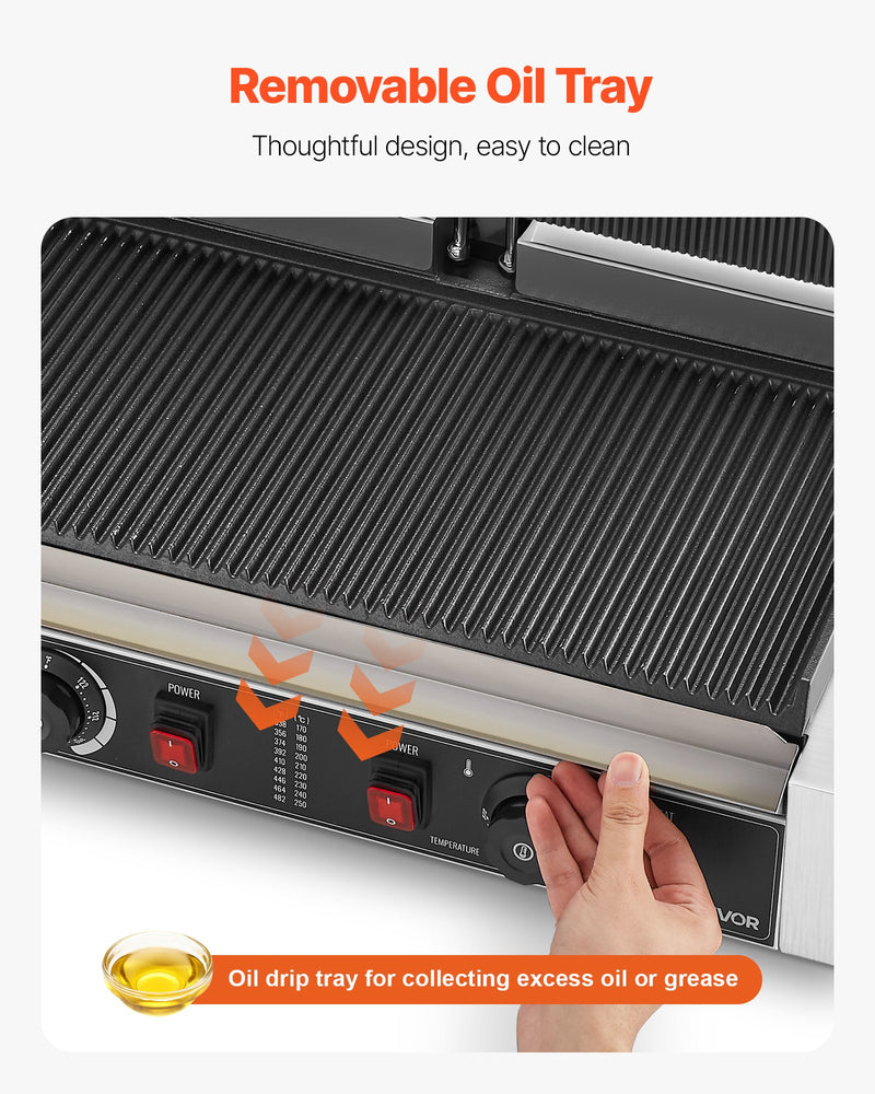 Komerciālais panini grils, 3600 W elektriskā sviestmaižu panna, nerūsējošā tērauda dubultā sviestmaižu prese, temperatūras regulēšana, 48 × 23 cm pilnībā rievota emaljas plate, piemērots hamburgeriem, steikam un bekonam